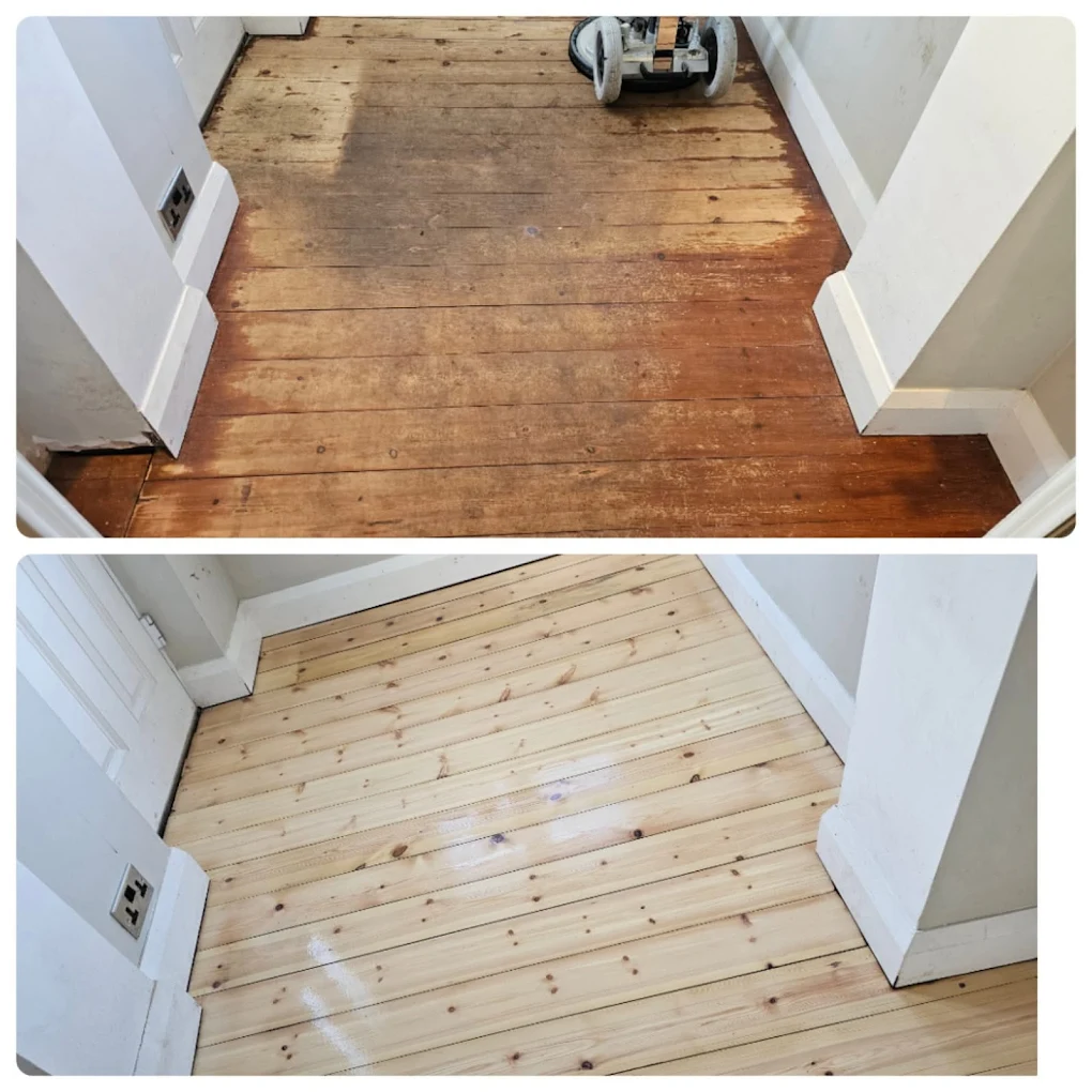 Timber floor restoration before and after sanding and polishing