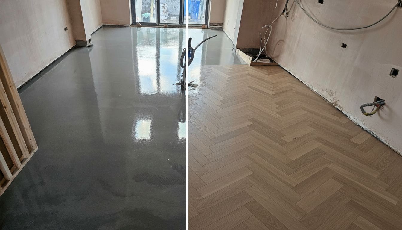 Herringbone flooring before and after installation
